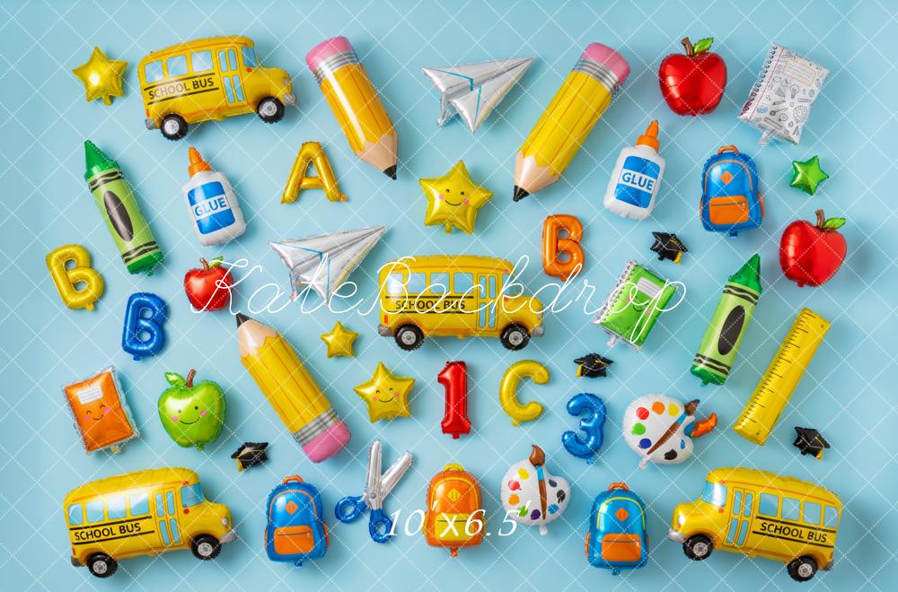Kate Back to School Balloons School Bus Pencils Apples Blue Printed Backdrop Designed by Patty Roberts