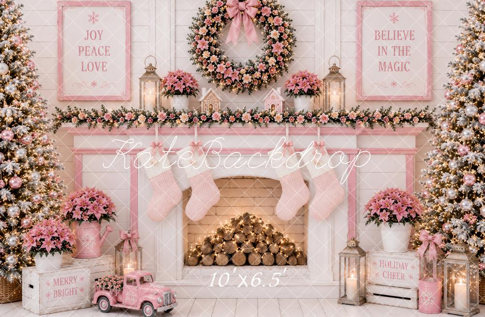 Kate Christmas Pink Floral Fireplace Wreath Stockings Printed Backdrop Designed by Ashley Paul