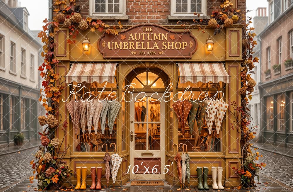 Kate Fall Umbrella Shop Storefront Street Printed Backdrop Designed by Patty Roberts
