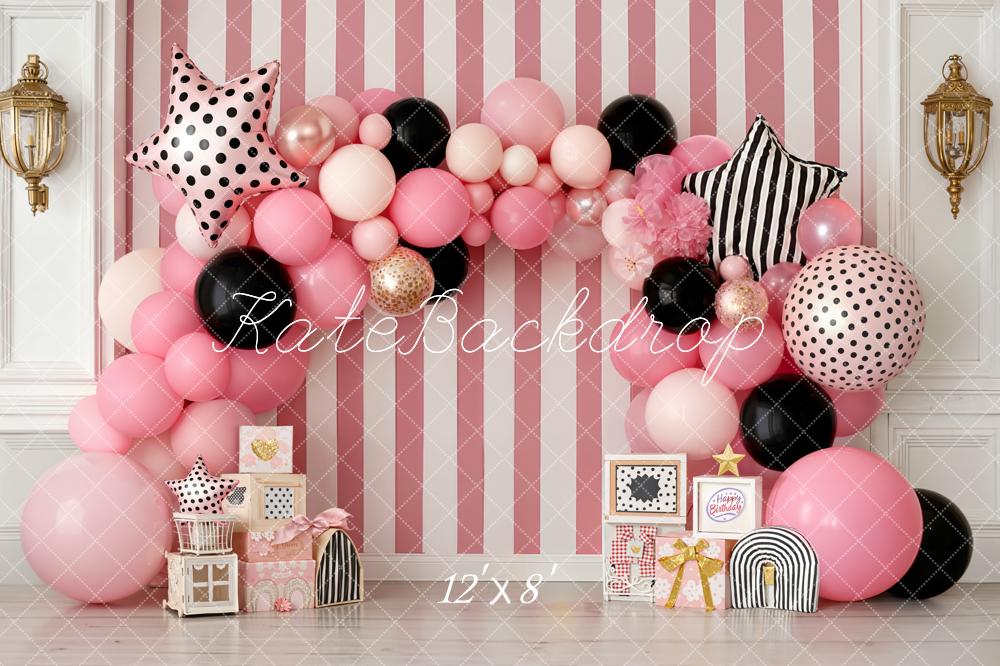Kate Cake Smash Pink Balloon Arch Striped Wall Backdrop Designed by Emetselch