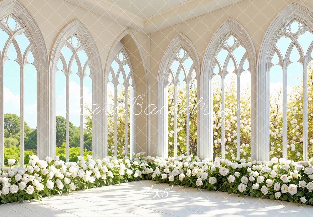 Kate Spring White Roses Gothic Arched Windows Backdrop Designed by Mini MakeBelieve