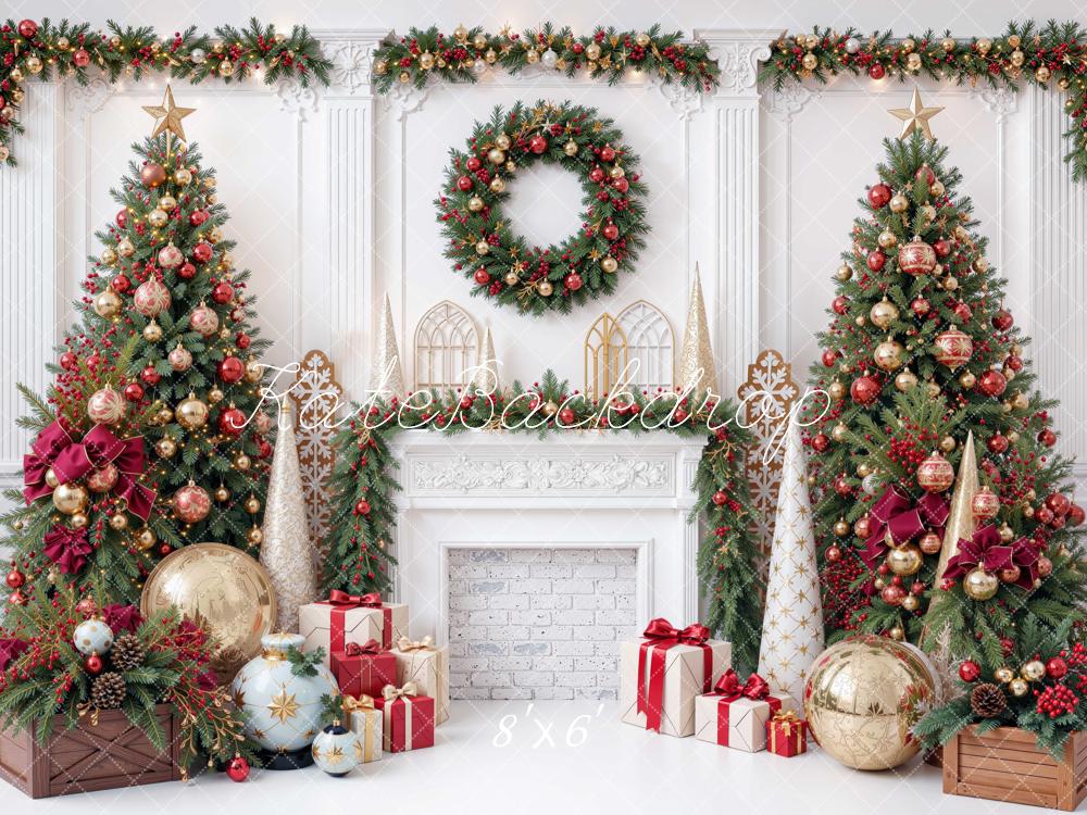 Kate Christmas Fireplace Christmas Tree Garland Presents Printed Backdrop Designed by Mini MakeBelieve