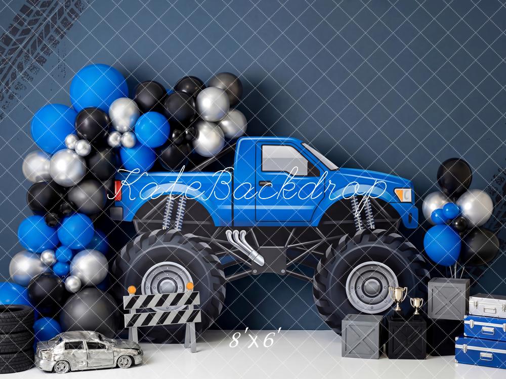 Kate Cake Smash Truck Blue Balloons Tire Tracks Printed Backdrop Designed by Patty Roberts