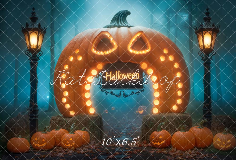 Kate Halloween Giant Pumpkin Archway Lanterns Forest Backdrop Designed by Chain Photography