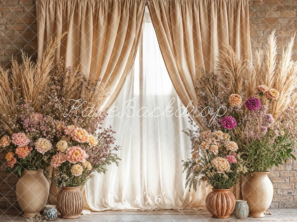 Kate Boho Pampes Floral Vase Beige Curtain Backdrop Designed by Emetselch