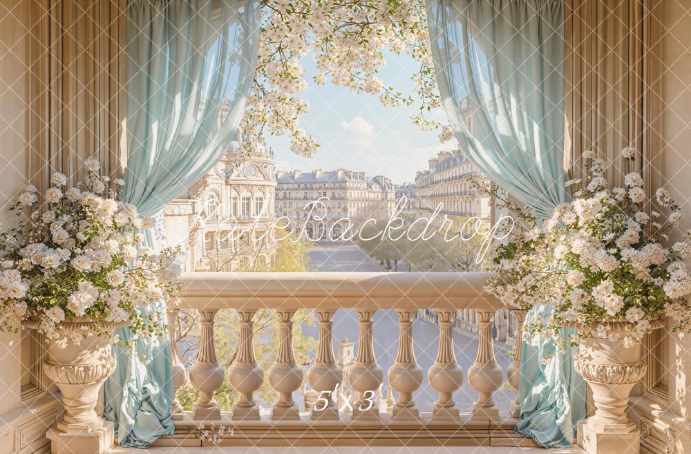 Kate Spring Elegant Balcony Blossoms Blue Curtains City View Backdrop Designed by Emetselch