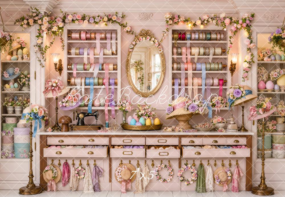Kate Easter Bonnet Shop Pink Floral Ribbon Printed Backdrop Designed by Patty Roberts