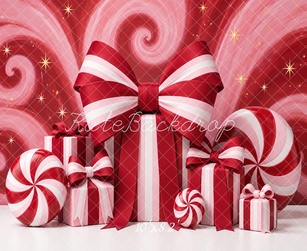Kate Christmas Red Candy Cane Gifts Bow Printed Backdrop Designed by Angela Miller