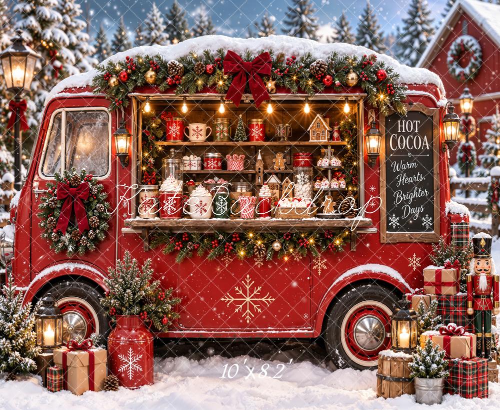 Kate Christmas Red Hot Cocoa Truck Snowy Gifts Nutcracker Printed Backdrop Designed by Emetselch