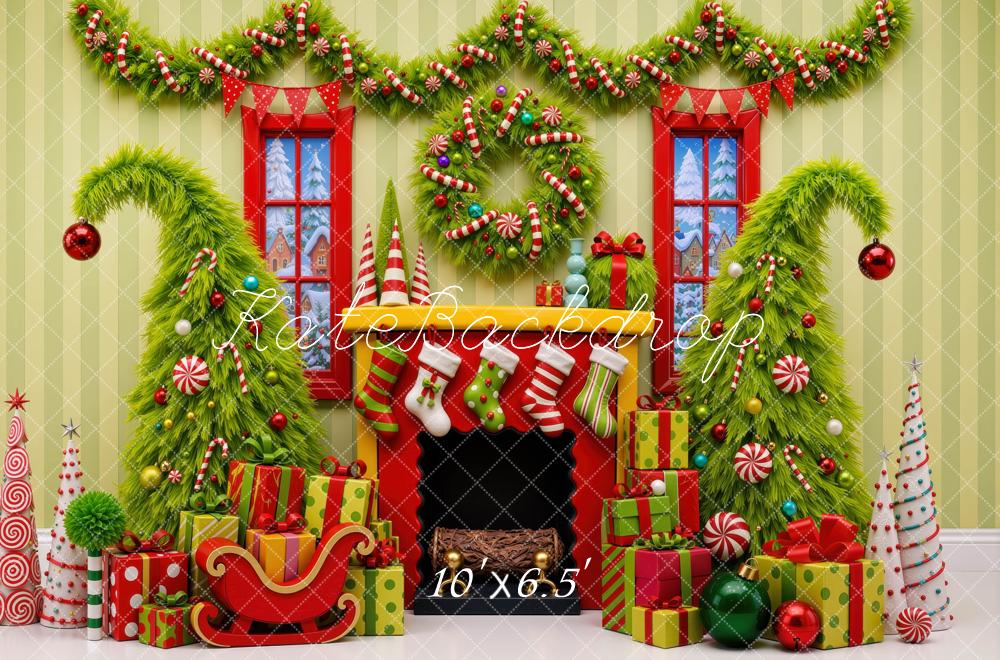 Kate Christmas Whimsical Fireplace Trees Presents Green Wall Printed Backdrop Designed by Mini MakeBelieve