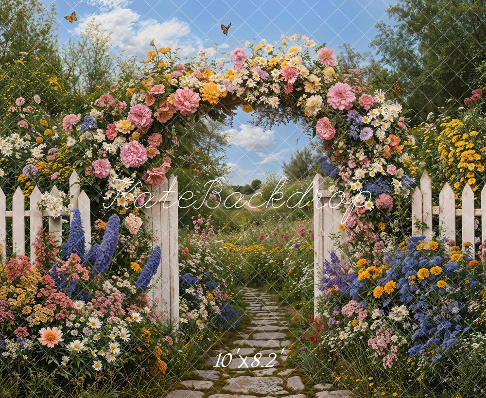 Kate Spring Flower Arch White Picket Fence Garden Pathway Printed Backdrop Designed by Emetselch