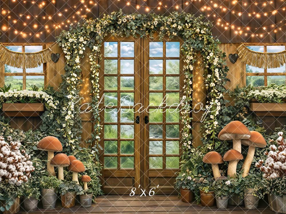 Kate Spring Mushroom Garland Fairy Lights Rustic Cottage Printed Backdrop Designed by Mini MakeBelieve