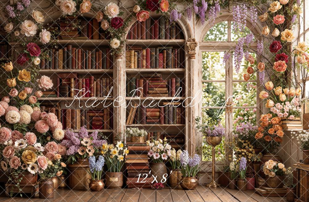 Kate Bookshelf Flower Arch Window Printed Backdrop Designed by Emetselch