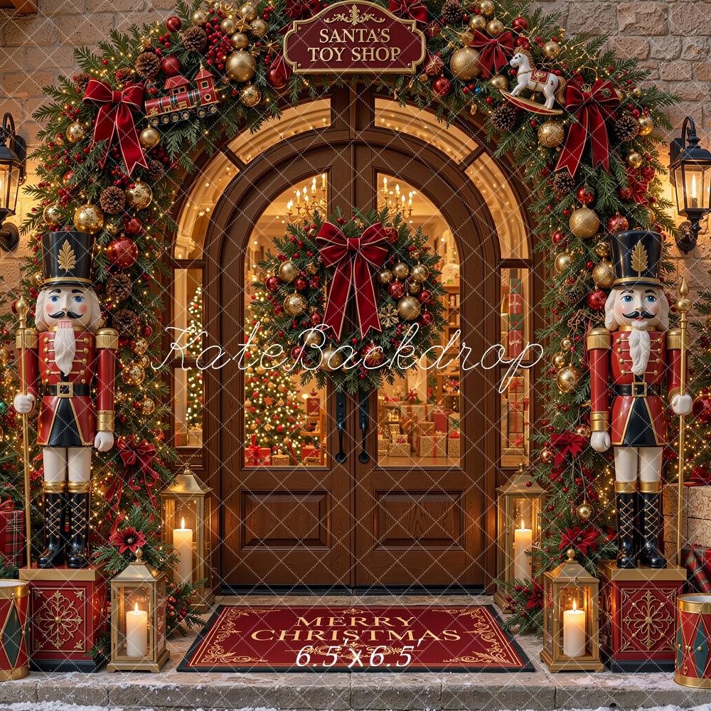 Kate Christmas Toy Shop Doorway Nutcracker Garland Trees Printed Backdrop Designed by Shutter Swan Studios
