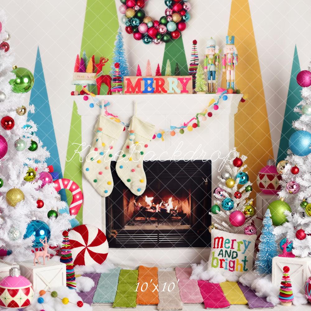 Kate Christmas White Trees Colorful Fireplace Ornaments Backdrop Designed by Mandy Ringe Photography