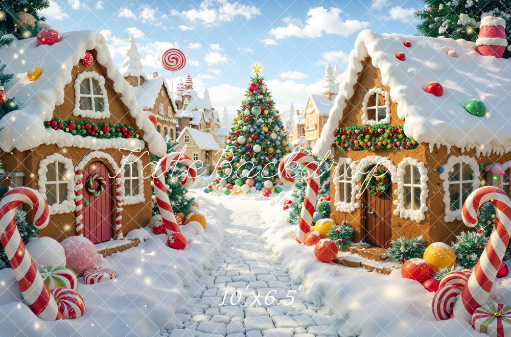 Kate Christmas Gingerbread Houses Village Candy Cane Christmas Tree Printed Backdrop Designed by Mini MakeBelieve