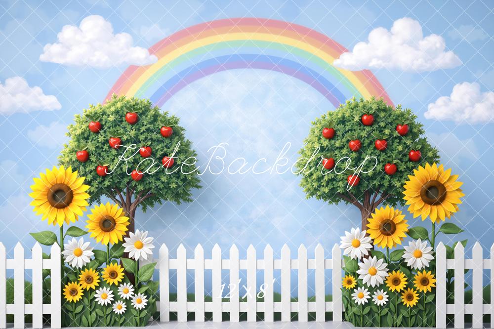 Kate Rainbow Apple Trees Sunflowers White Fence Printed Backdrop Designed by Mini MakeBelieve