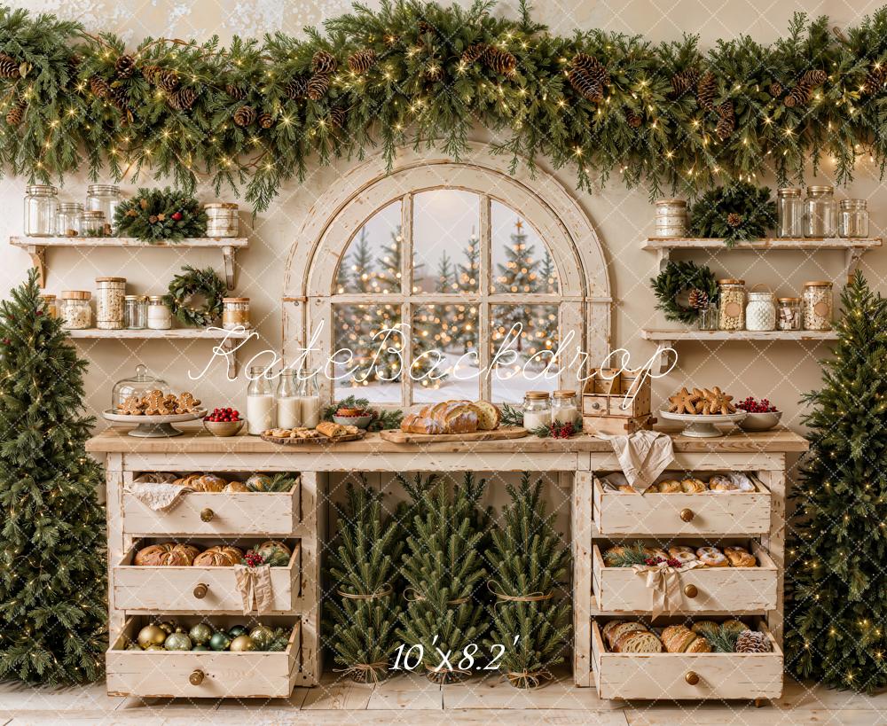 Kate Christmas Rustic Kitchen Bakery Garland Arched Window Printed Backdrop Designed by Emetselch