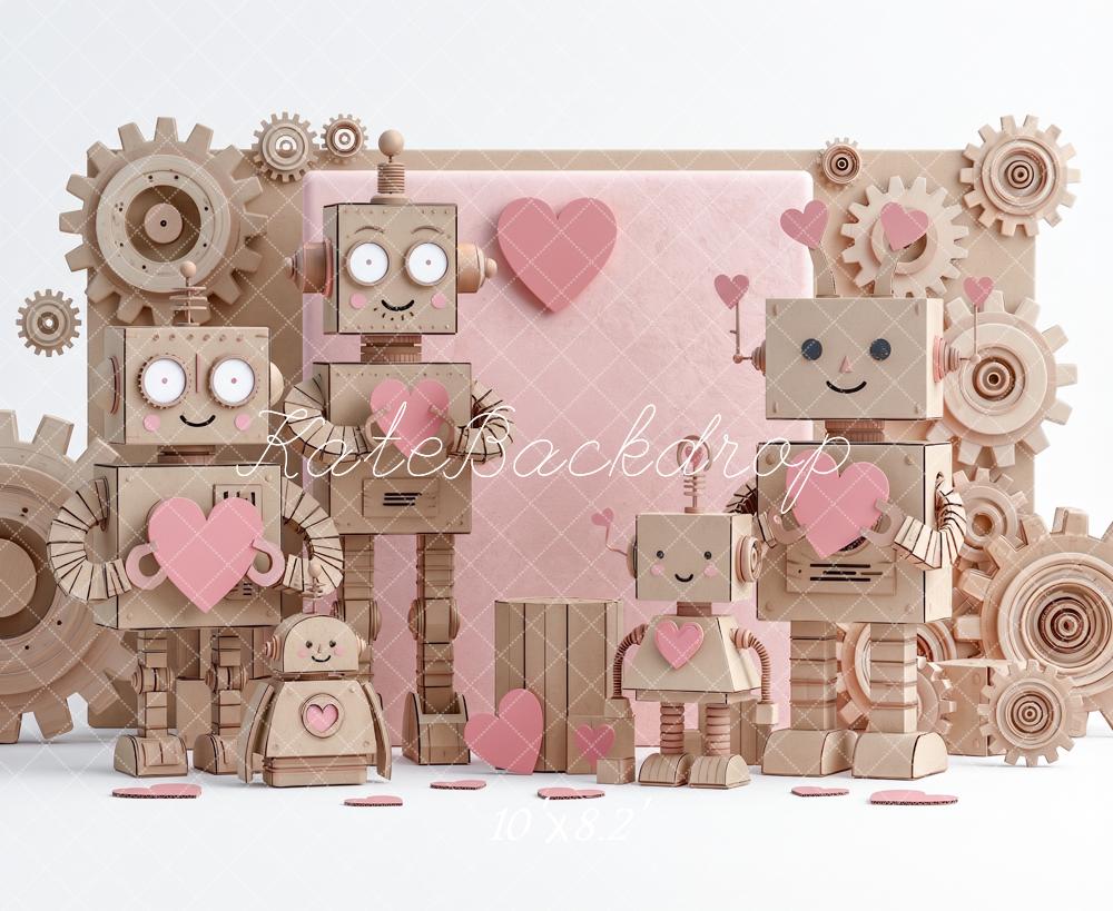 Kate Valentine's Day Wood Robot Pink Hearts Gears Printed Backdrop Designed by Angela Miller