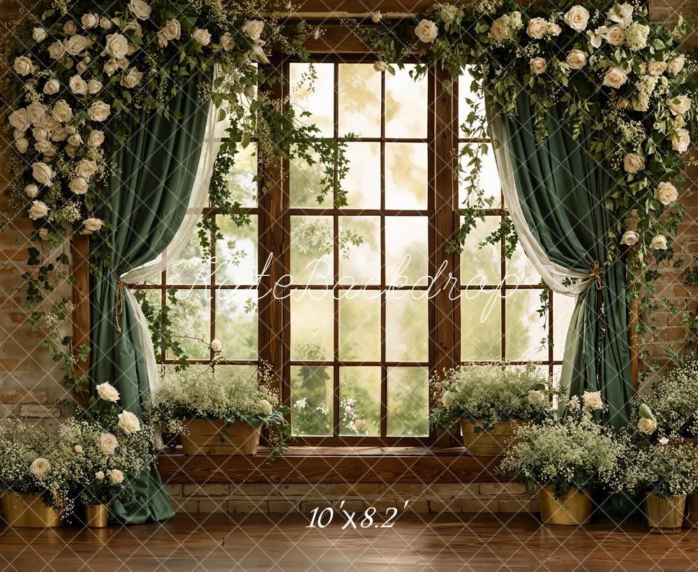 Kate Spring Flower Arch Window Green Curtains Brick Wall Backdrop Designed by Emetselch