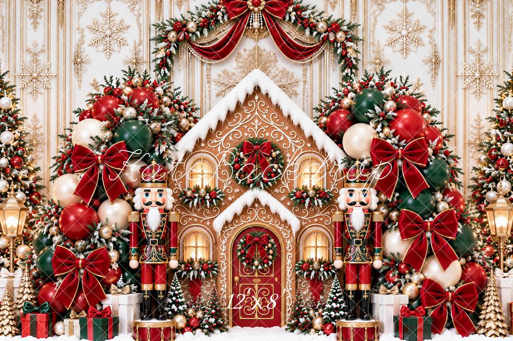 Kate Christmas Gingerbread House Nutcracker Arch Red Bow Snow Printed Backdrop Designed by Ashley Paul