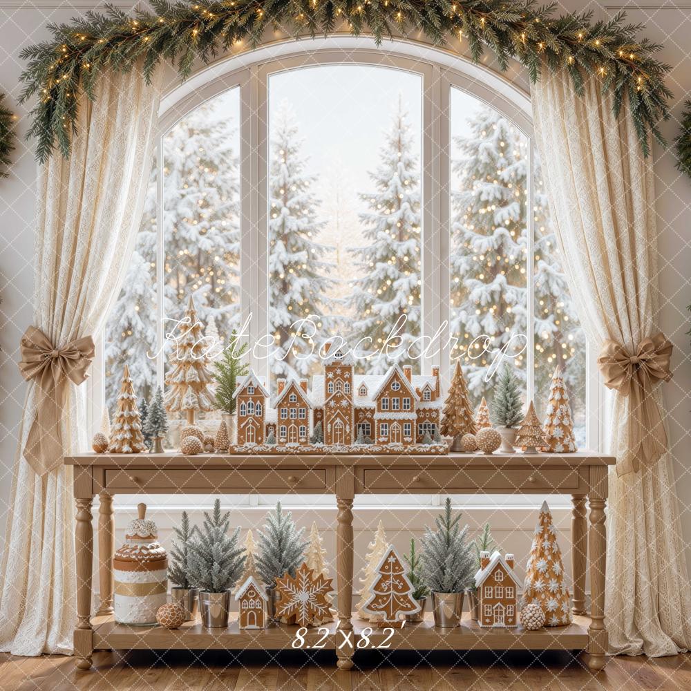 Kate Christmas Gingerbread Village Window Garland Curtains Printed Backdrop Designed by Mini MakeBelieve