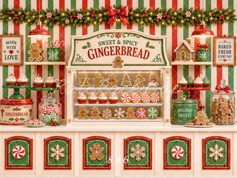 Kate Christmas Gingerbread Candy Shop Cookies Bakery Striped Printed Backdrop Designed by Emetselch