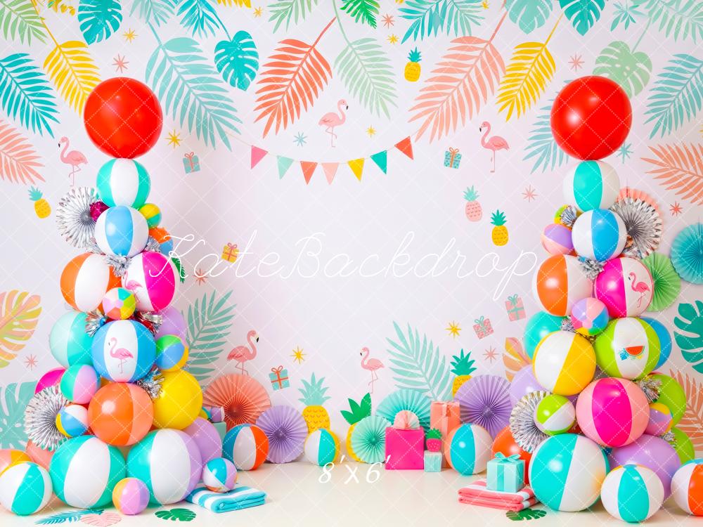 Kate Christmas Summer Beach Ball Tree Tropical Flamingo Printed Backdrop Designed by Patty Roberts