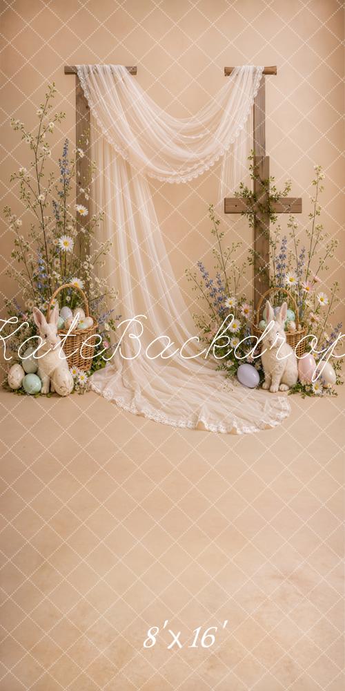 Kate Sweep Easter Cross Drapery Bunny Beige Floral Printed Backdrop Designed by Emetselch