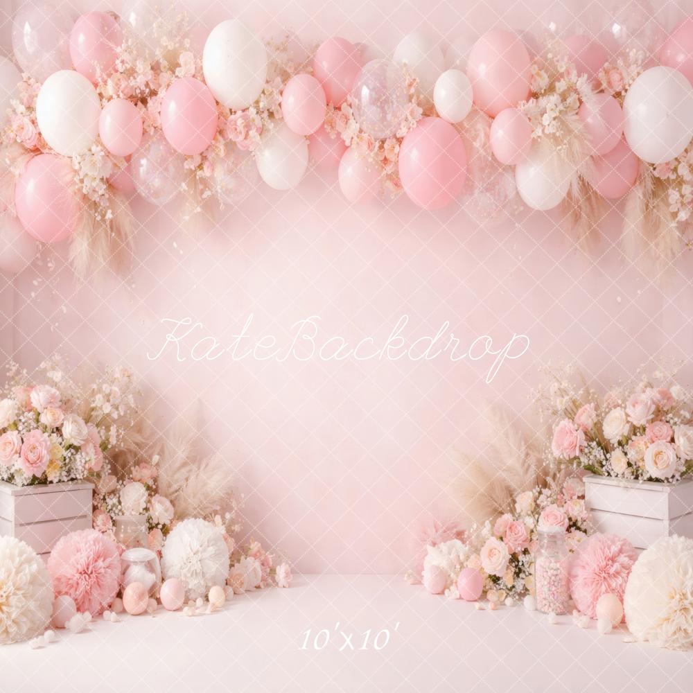 Kate Cake Smash Pink Balloon Flower Arch Pampas Grass Printed Backdrop Designed by Vertigo Productions