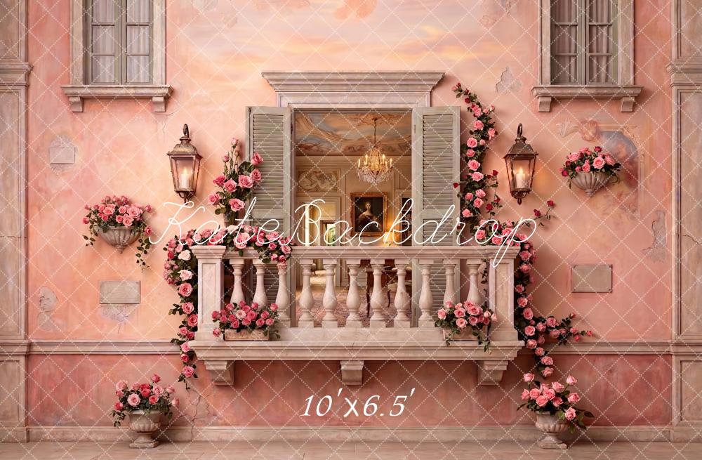 Kate Romantic Pink Balcony Roses French Villa Printed Backdrop Designed by Patty Roberts