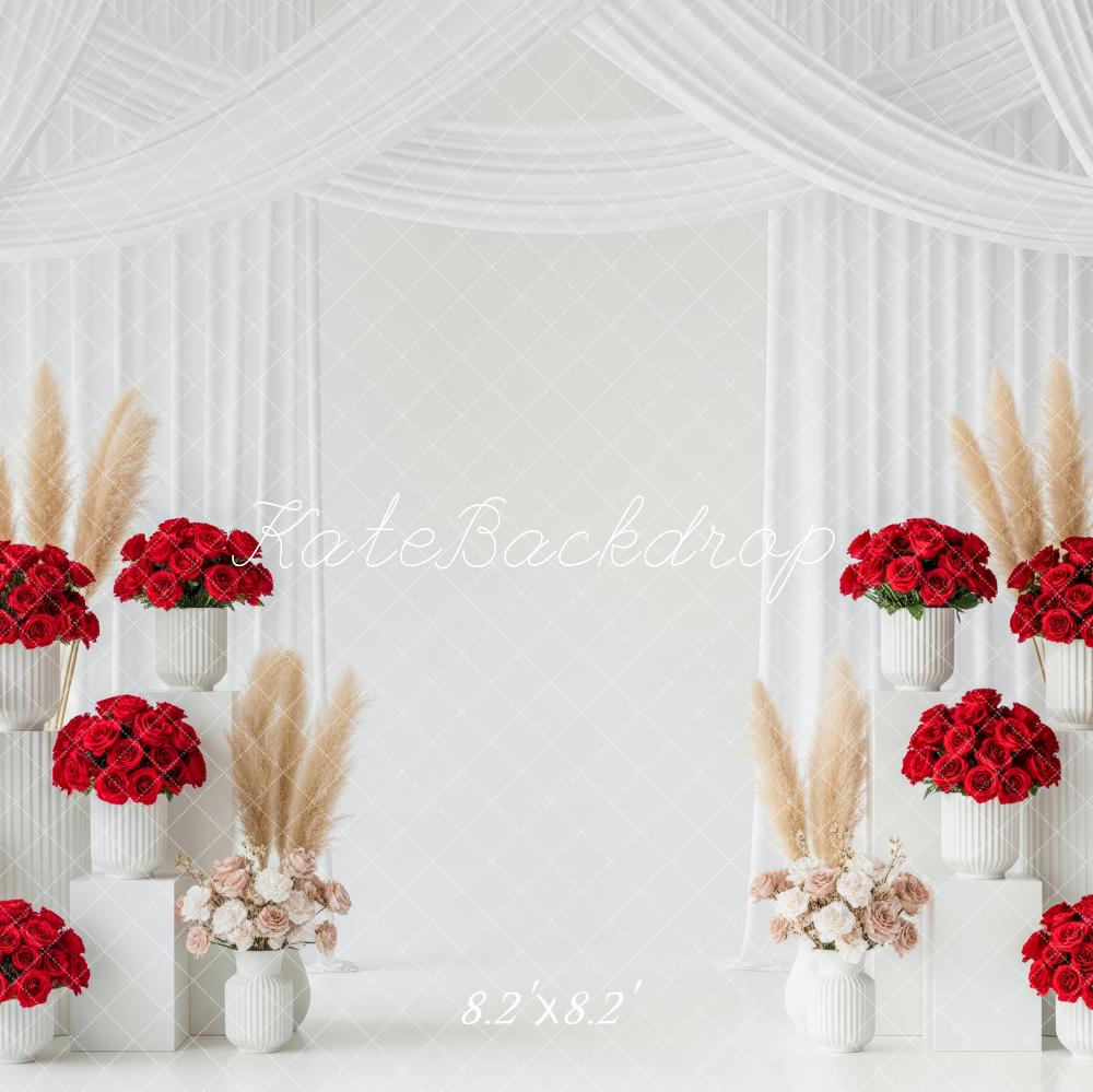 Kate Mother's Day Red Roses Pampas Grass White Pedestals Backdrop Designed by Patty Roberts