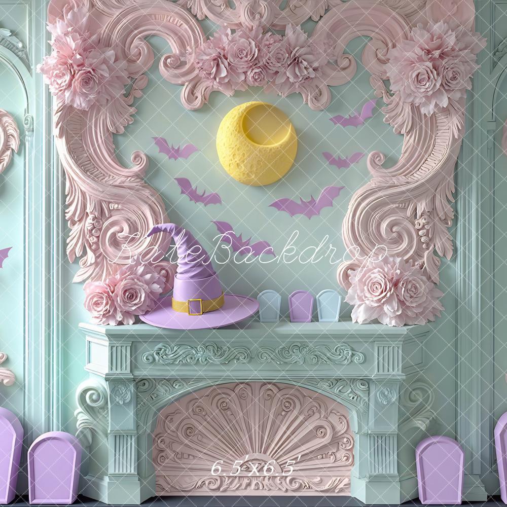 Kate Halloween Pastel Fireplace Bats Moon Witch Hat Flowers Backdrop Designed by Mini MakeBelieve