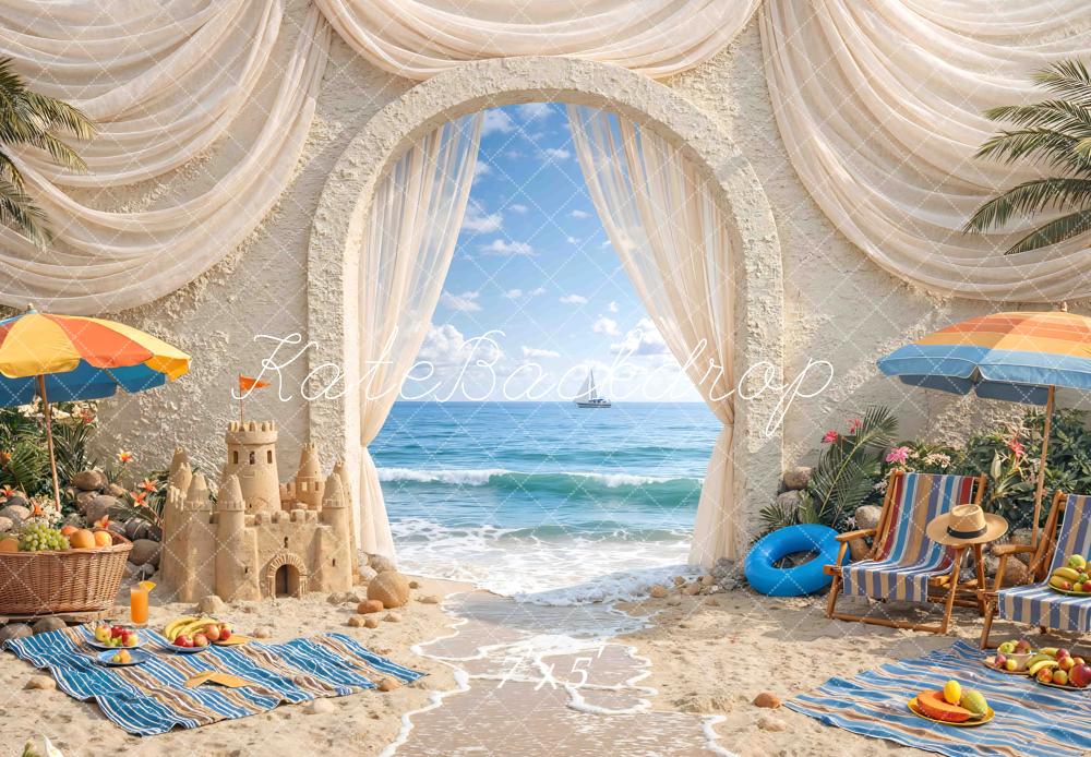 Kate Summer Beach Archway Sandcastle Umbrellas Printed Backdrop Designed by Mini MakeBelieve