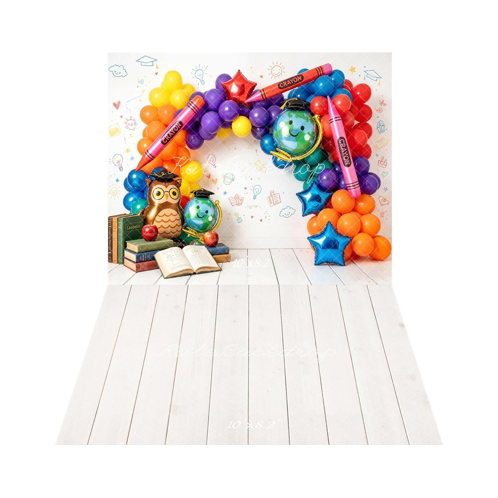 Kate Graduation Balloon Arch Crayons Globe Owl Books Printed Backdrop+White Wood Plank Floor Backdrop Printed Backdrop