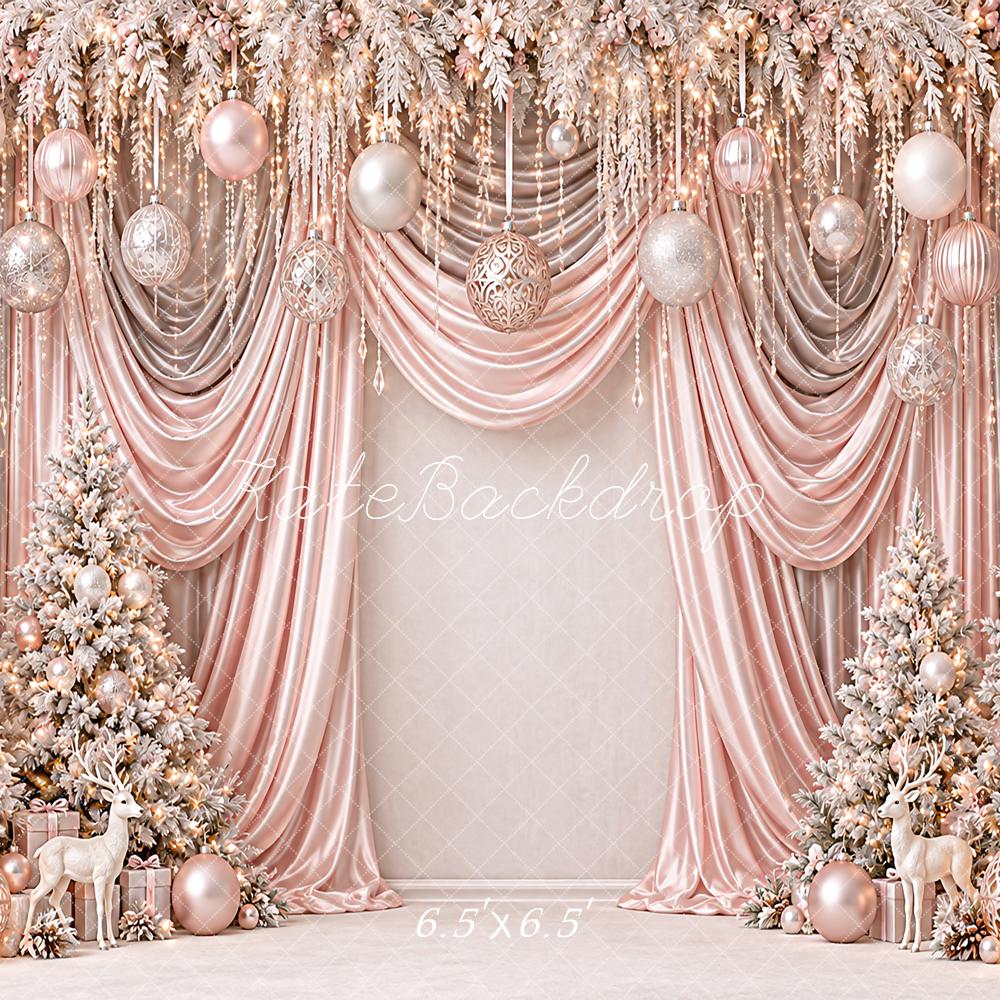 Kate Christmas Rose Gold Drapes Hanging Ornament Trees Luxury Printed Backdrop Designed by Angela Miller