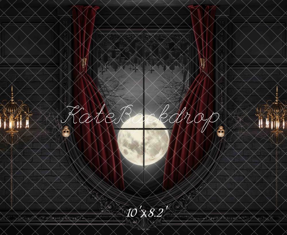 Kate Halloween Vampire Gothic Window Full Moon Red Curtain Printed Backdrop Designed by Mini MakeBelieve