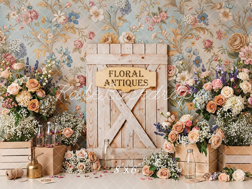 Kate Spring Floral Antiques Barn Door Flowers Crates Printed Backdrop Designed by Emetselch