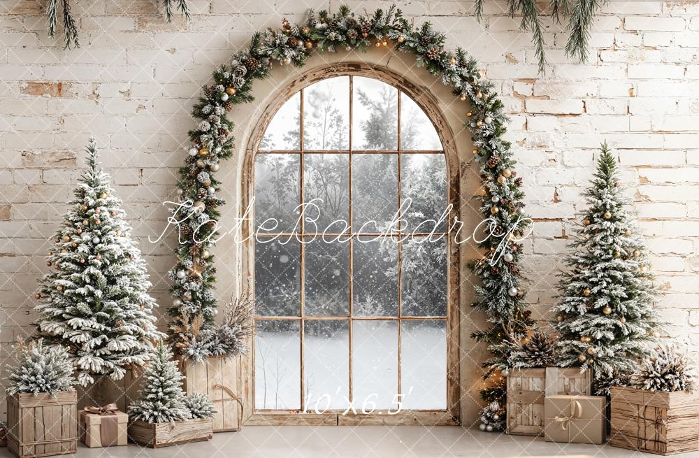 Kate Christmas Arched Window Garland Snowy Pine Trees Backdrop Designed by Emetselch