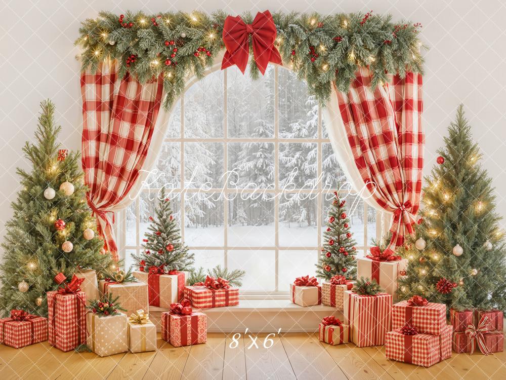 Kate Christmas Red Plaid Curtains Window Pine Trees Gift Boxes Backdrop Designed by Emetselch