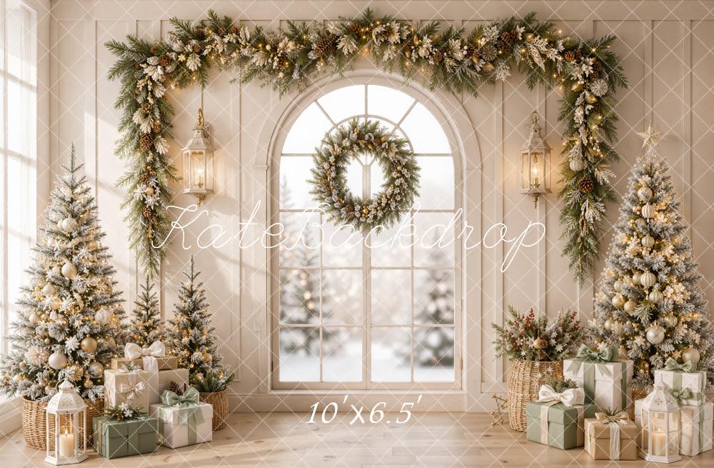 Kate Christmas Beige Garland Trees Presents Retro Printed Backdrop Designed by Emetselch