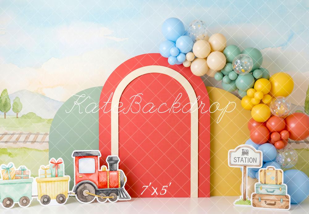 Kate Cake Smash Train Red Arch Balloons Station Pastel Landscape Printed Backdrop Designed by Patty Roberts