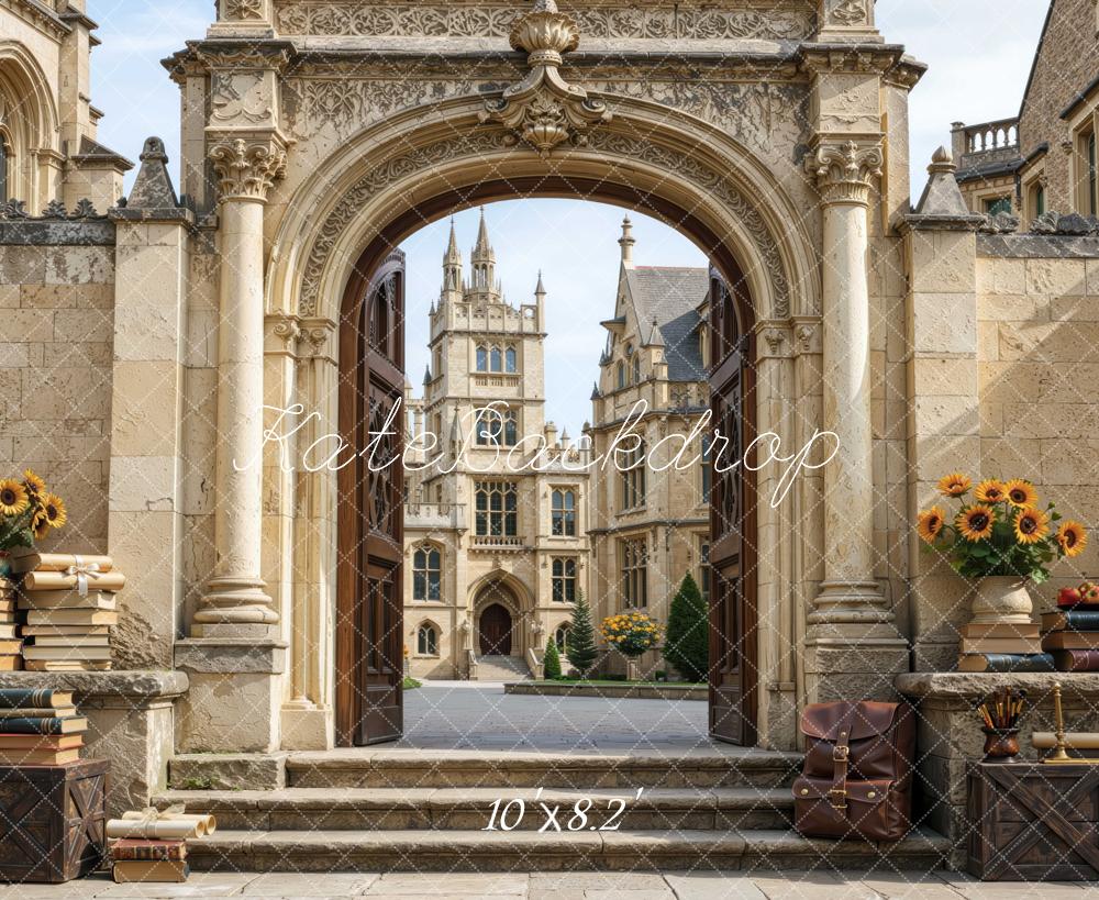 Kate School University Arch Entrance Archway Courtyard Books Printed Backdrop Designed by Mini MakeBelieve