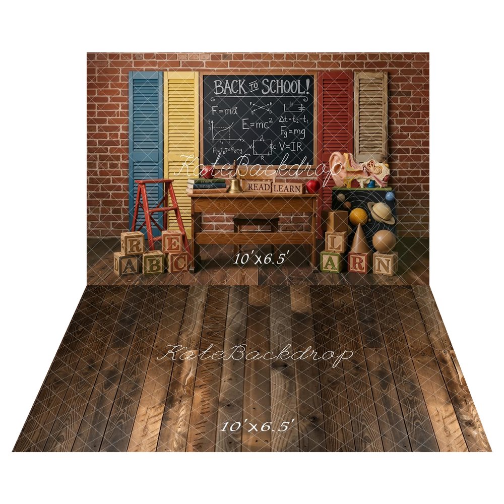 Kate Back To School Blackboard Brick Wall Books Blocks Planets Backdrop+Brown Wood Plank Vintage Wall Backdrop