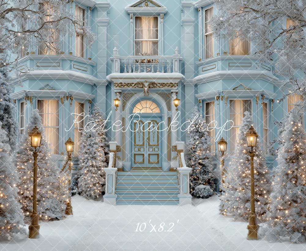 Kate Christmas Blue Mansion Snowy Trees Lamp Post Backdrop Designed by Ashley Paul