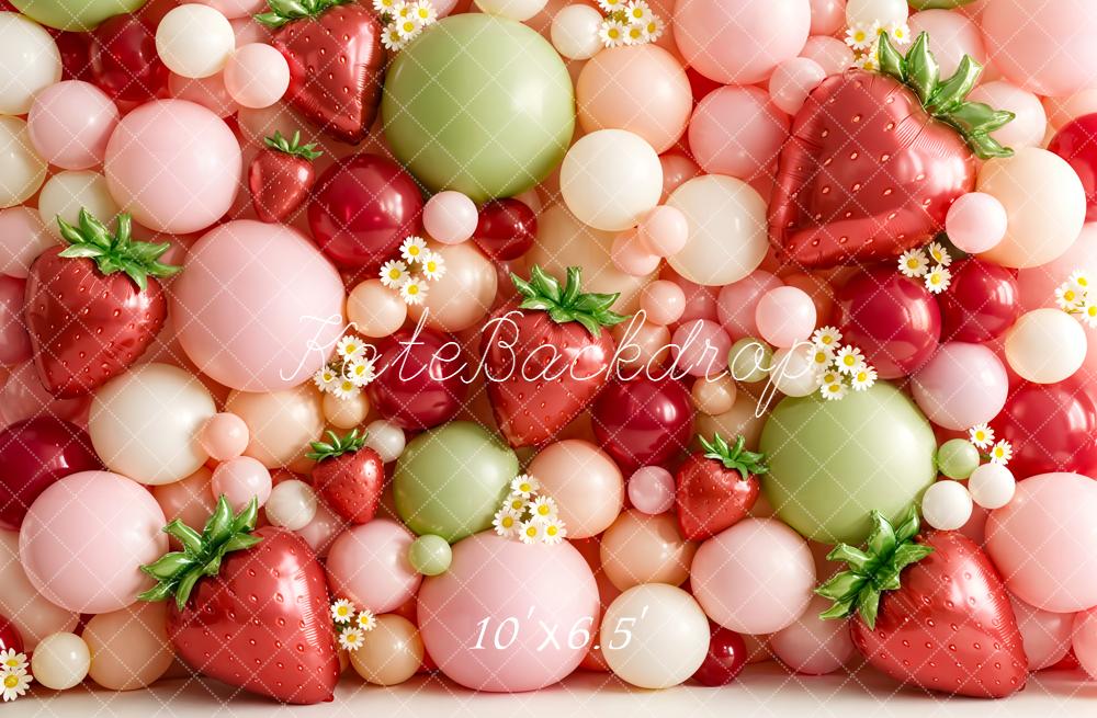 Kate Summer Strawberry Balloon Wall with Daisies Printed Backdrop Designed by Emetselch