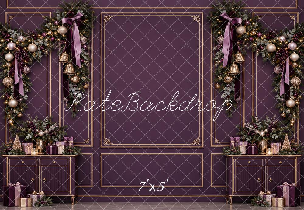 Kate Christmas Purple Garland Cabinet Gold Molding Bows Printed Backdrop Designed by Vertigo Productions
