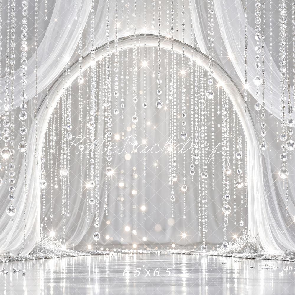 Kate Glamorous Crystal Bead Arch Silver Sheer Drapes Printed Backdrop Designed by Chain Photography