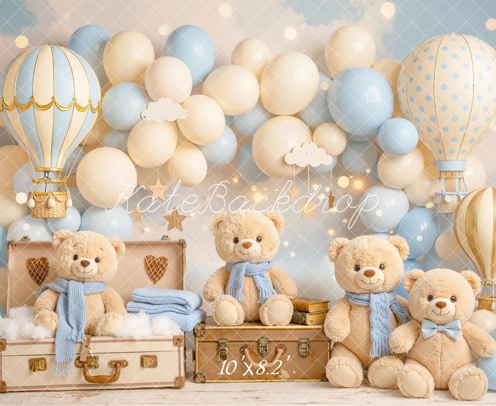 Kate Cake Smash Hot Air Balloon Teddy Bear Balloon Arch Blue Backdrop Designed by Chain Photography