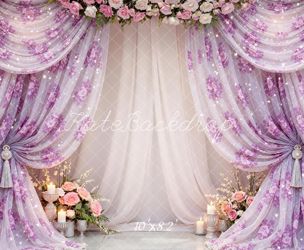 Kate Mother's Day Pink Floral Drapes Flower Arch Candles Printed Backdrop Designed by Mini MakeBelieve